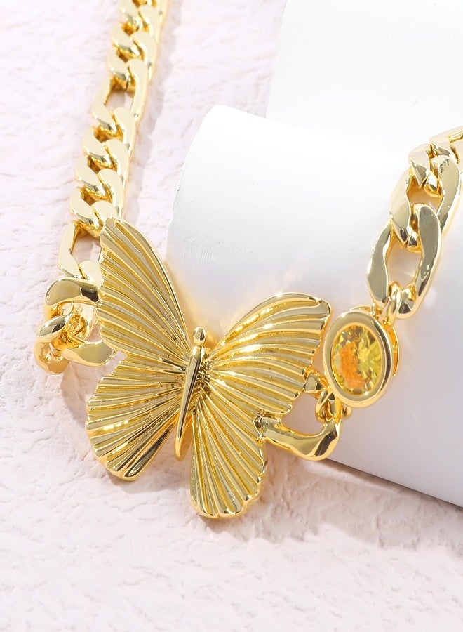 MOONWALTZ Gold Butterfly Chunky Choker Necklace for Women 14K Gold Plated Butterfly Pendant Necklace with Round Yellow Cubic Zirconia Butterfly Charm Necklace Adjustable Trendy Insect Jewelry Gift for Women - Image 3